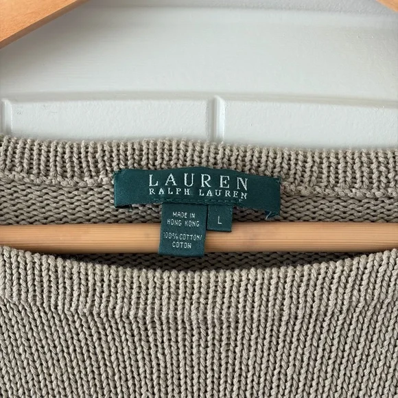 Lauren Ralph Lauren 100% Cotton Knit Boatneck Sweater Light Olive Tan | Large - Picture 3 of 9